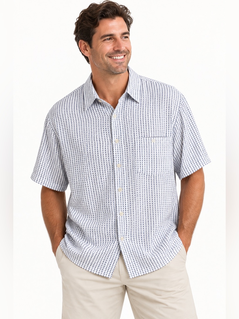 Campia Moda XXL Rayon Button Up Shirt Textured Short Sleeve Blue Resort Cruise